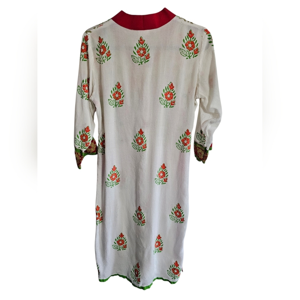 Ghungru Hand Block Print Kurta Dress Womens Small Boho Floral Cotton Vintage 90s - Picture 3 of 9